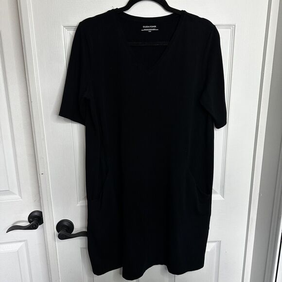 Eileen Fisher Black Short Sleeve T-Shirt Dress Hip Pockets Size M - Picture 1 of 7